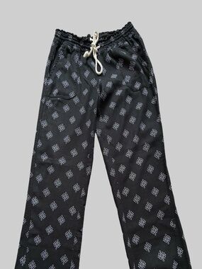Roxy Black White Flax Linen Blend Drawstring Summer Cropped Pants-Sz-L